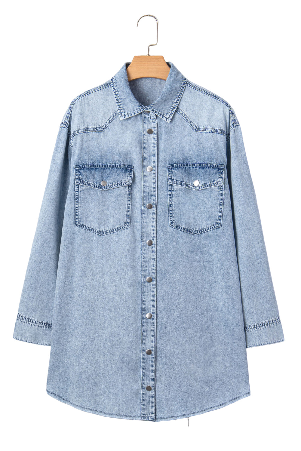 Medium Grey Chest Pocket Raw Hem Denim Loose Shirt Dress