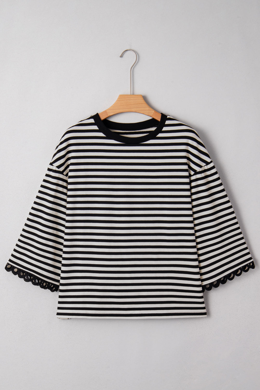 Black Striped Round Neck Contrast Lace Trim Bell Sleeve Top