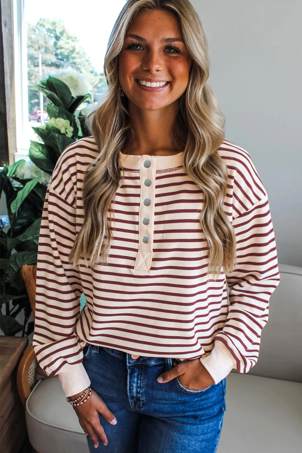 Red Dahlia Striped Henley Top