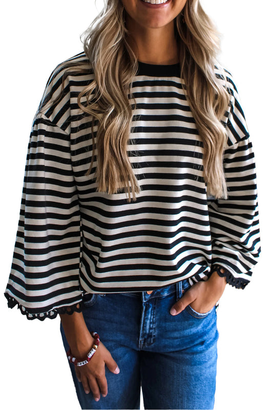 Black Striped Round Neck Contrast Lace Trim Bell Sleeve Top
