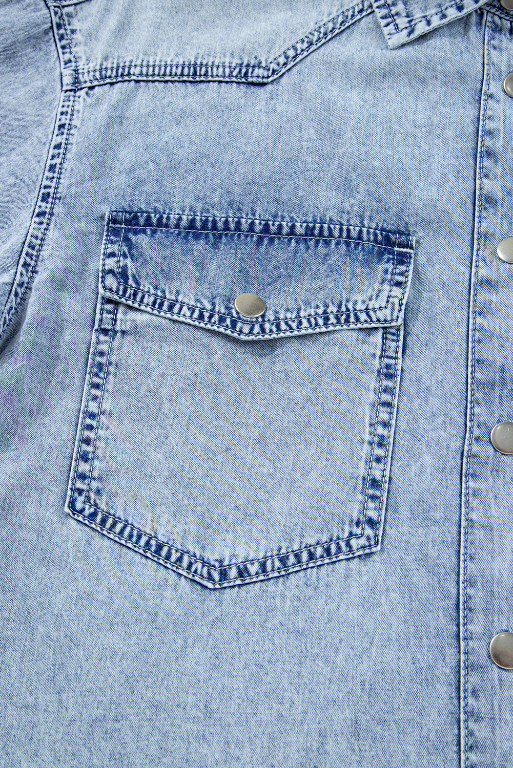 Medium Grey Chest Pocket Raw Hem Denim Loose Shirt Dress