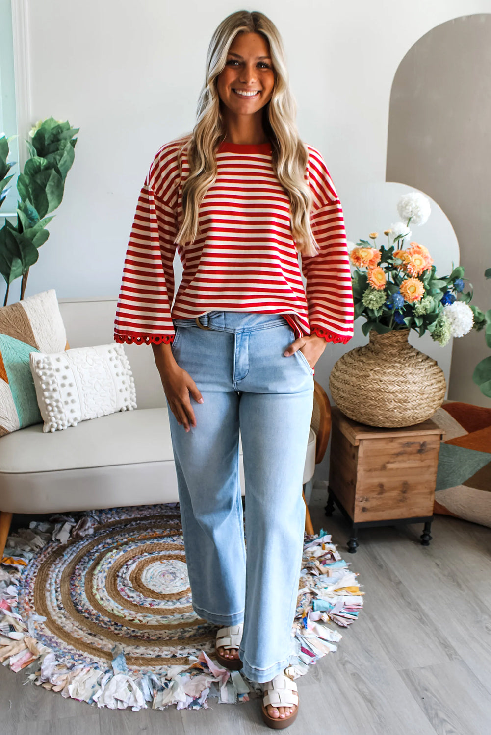 Black Striped Round Neck Contrast Lace Trim Bell Sleeve Top