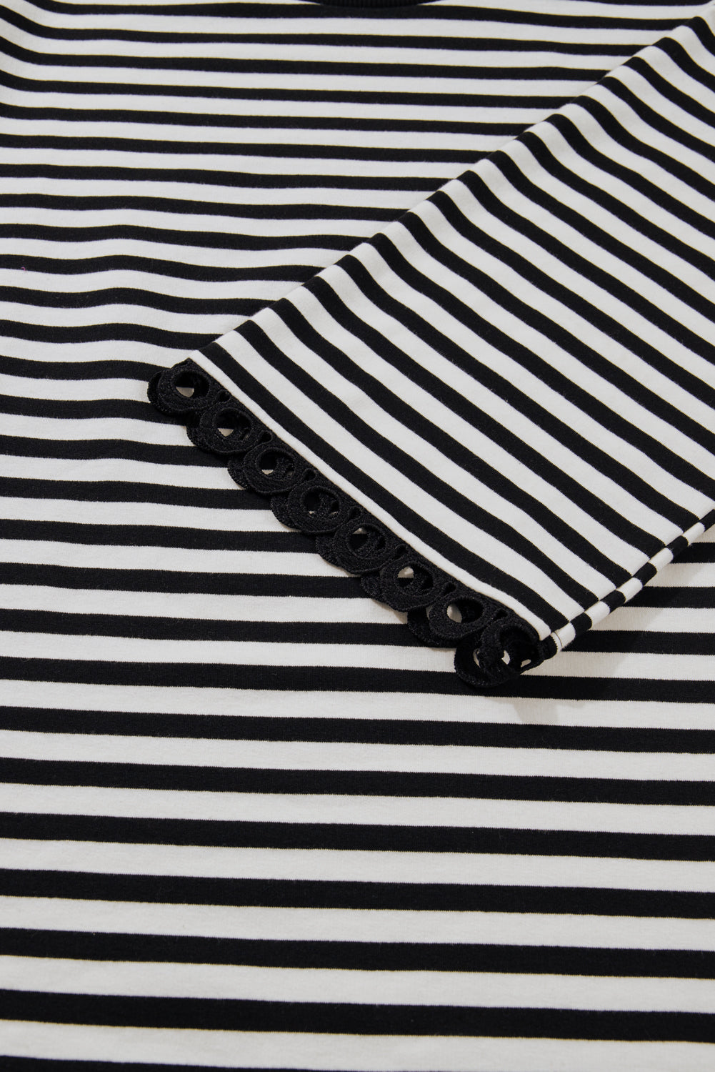 Black Striped Round Neck Contrast Lace Trim Bell Sleeve Top