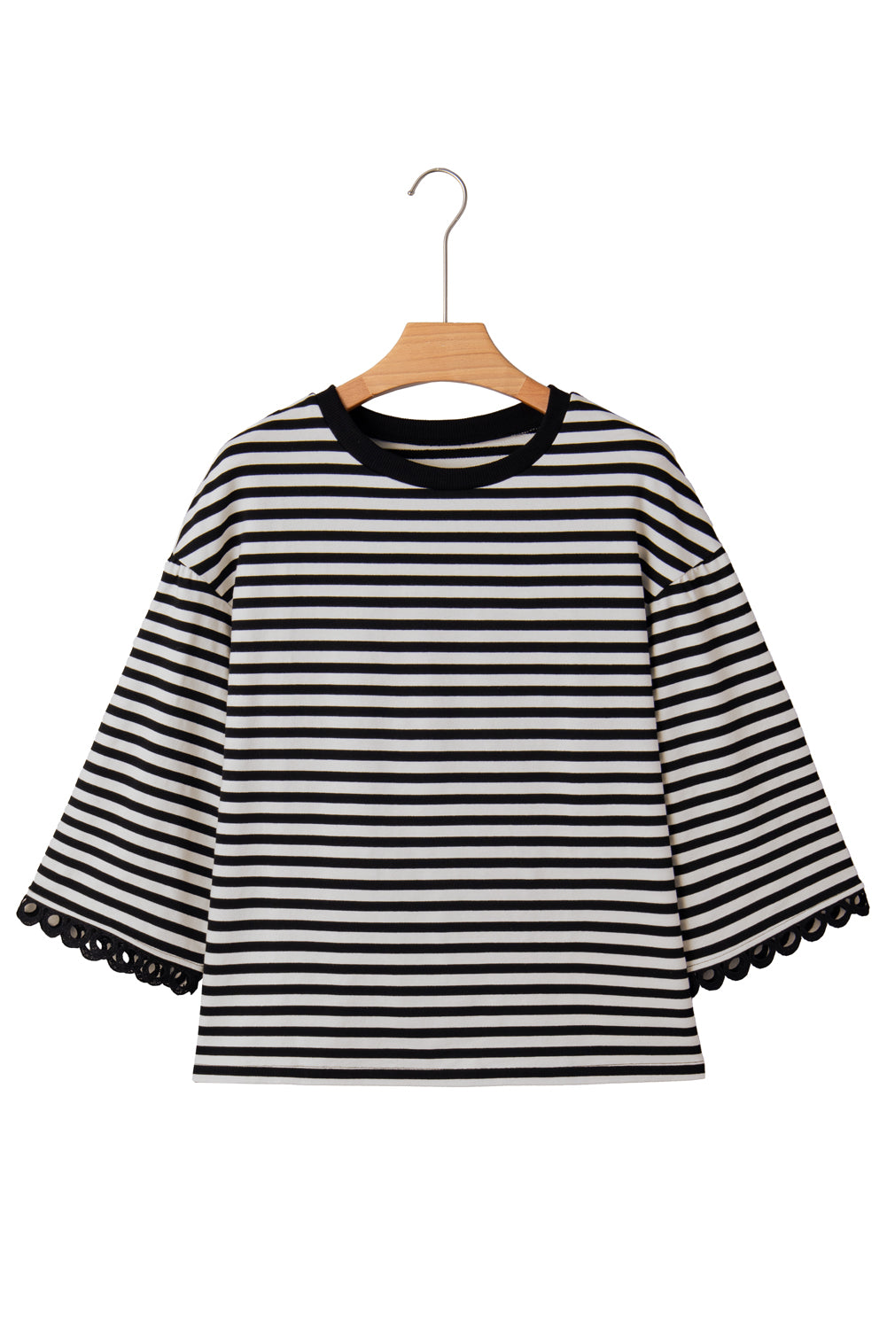 Black Striped Round Neck Contrast Lace Trim Bell Sleeve Top